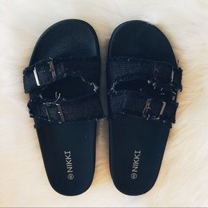 NIB Black Denim Double Buckle Slide Sandals | Women’s | Nikki | Frayed Strap